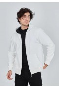 Erkek 3 İplik Pamuklu Kapüşonlu Tam Fermuarlı Cepli Hoodie Sweatshirt - Beyaz