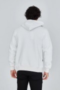 Erkek 3 İplik Pamuklu Kapüşonlu Tam Fermuarlı Cepli Hoodie Sweatshirt - Beyaz