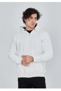 Erkek 3 İplik Pamuklu Kapüşonlu Tam Fermuarlı Cepli Hoodie Sweatshirt - Beyaz