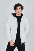 Erkek 3 İplik Pamuklu Kapüşonlu Tam Fermuarlı Cepli Hoodie Sweatshirt - Beyaz