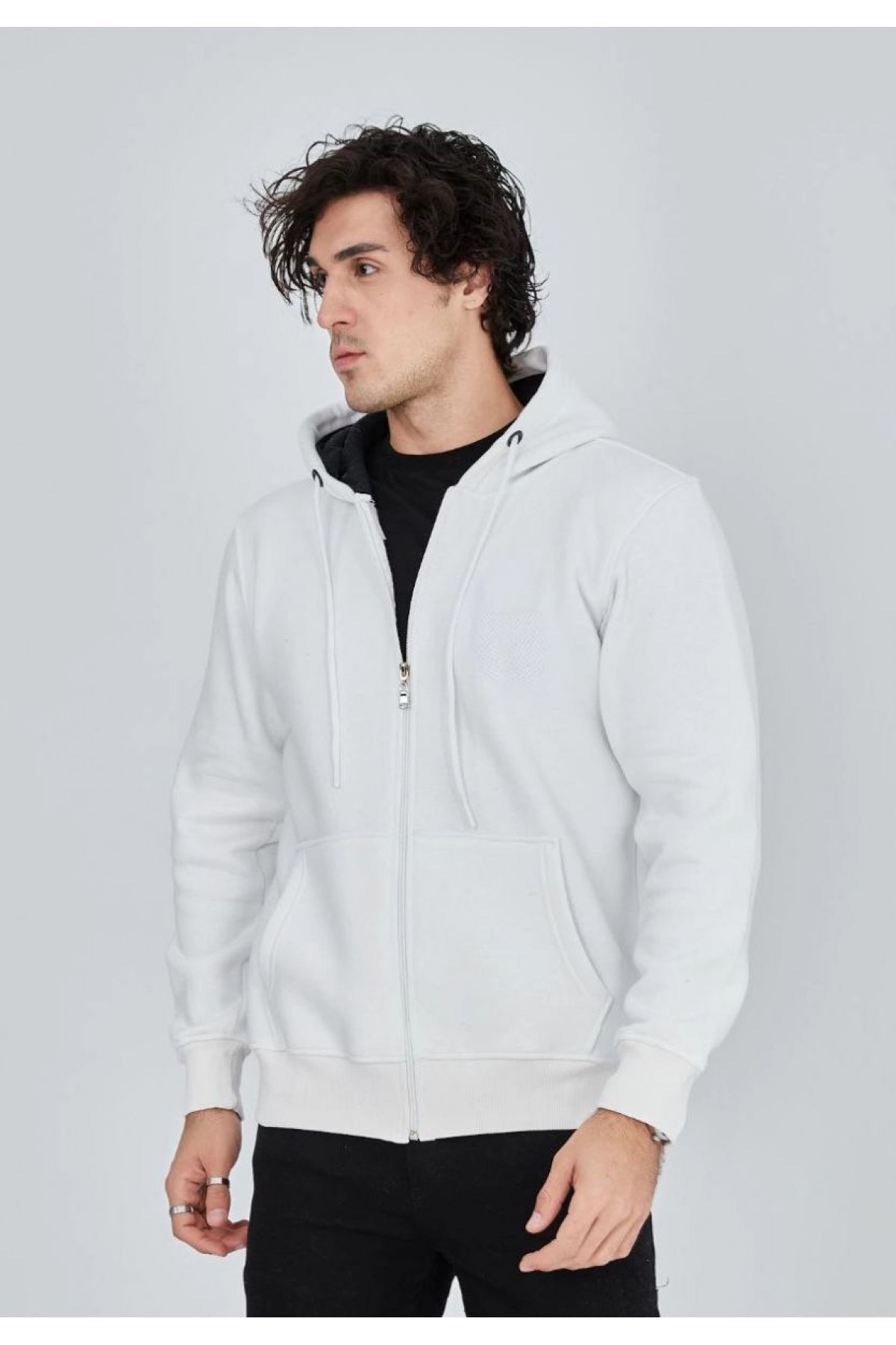 Erkek 3 İplik Pamuklu Kapüşonlu Tam Fermuarlı Cepli Hoodie Sweatshirt - Beyaz
