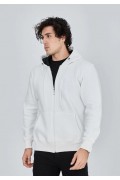 Erkek 3 İplik Pamuklu Kapüşonlu Tam Fermuarlı Cepli Hoodie Sweatshirt - Beyaz