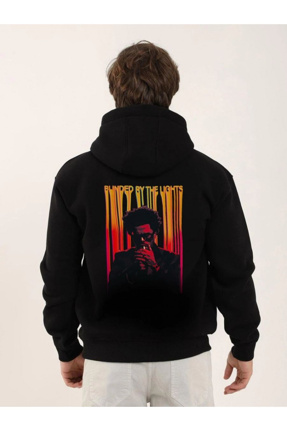 Erkek 3 İplik Pamuklu Kapüşonlu Baskılı Cepli Oversize Sweatshirt Hoodie - Siyah