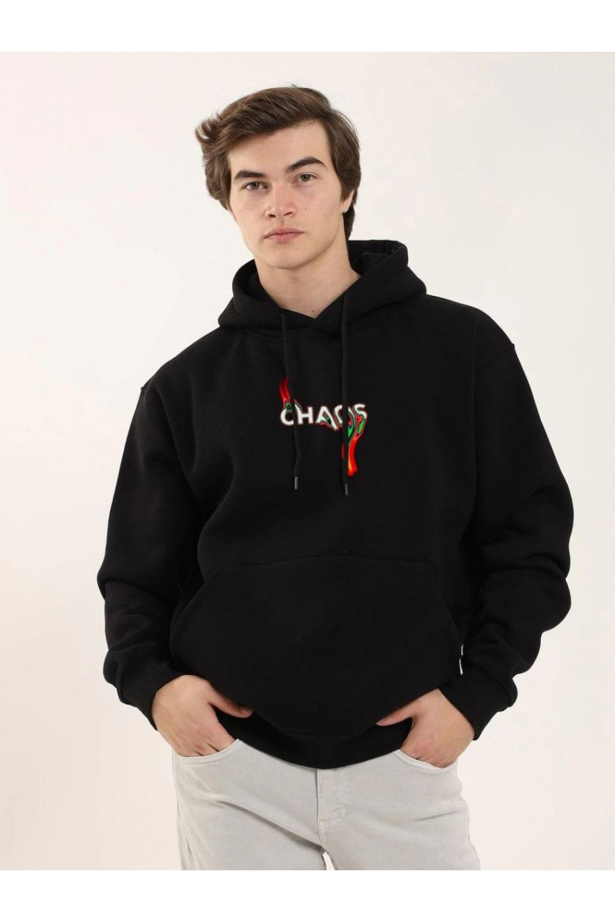 Erkek 3 İplik Pamuklu Kapüşonlu Baskılı Cepli Oversize Sweatshirt Hoodie - Siyah