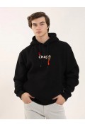 Erkek 3 İplik Pamuklu Kapüşonlu Baskılı Cepli Oversize Sweatshirt Hoodie - Siyah