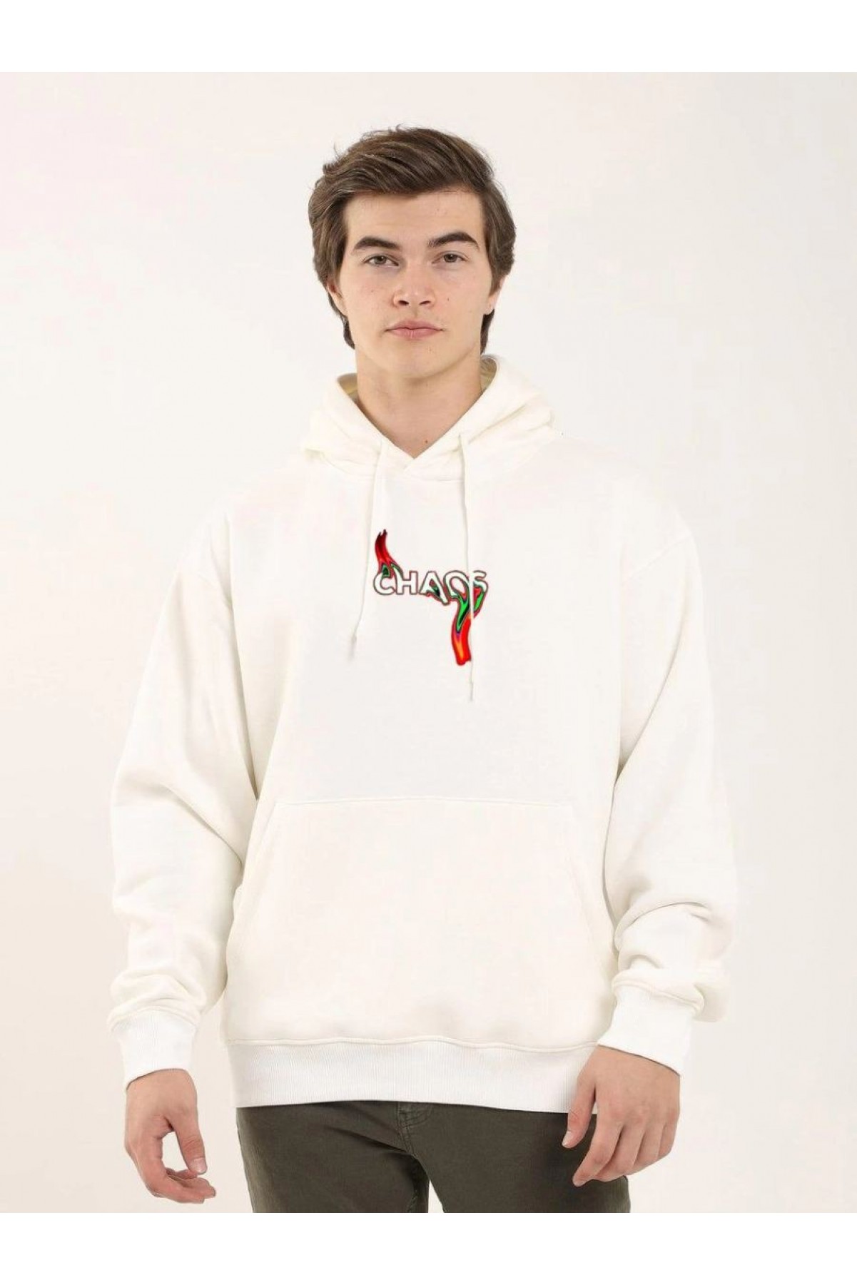 Erkek 3 İplik Pamuklu Kapüşonlu Baskılı Cepli Oversize Sweatshirt Hoodie - Beyaz