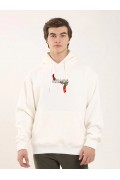 Erkek 3 İplik Pamuklu Kapüşonlu Baskılı Cepli Oversize Sweatshirt Hoodie - Beyaz