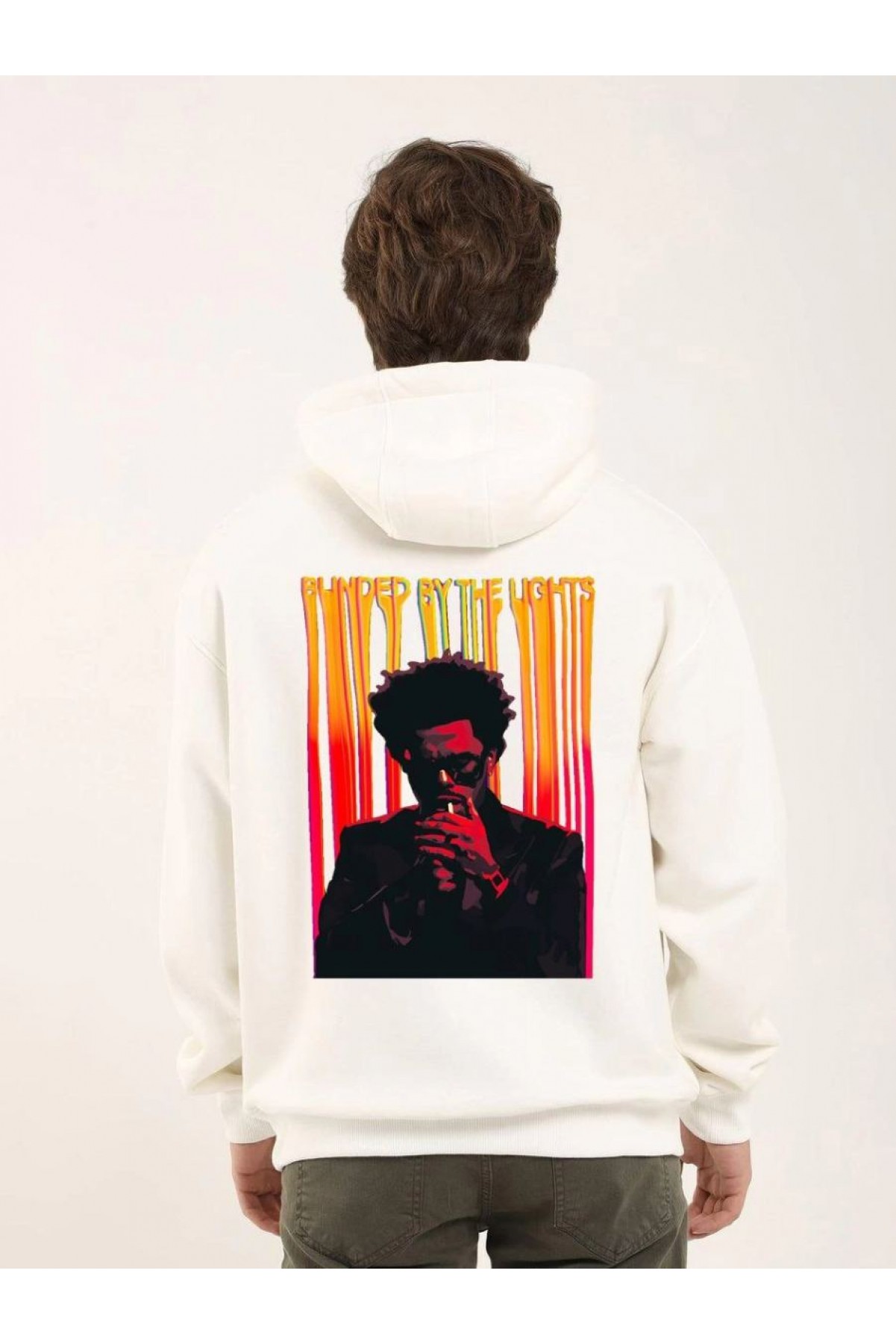 Erkek 3 İplik Pamuklu Kapüşonlu Baskılı Cepli Oversize Sweatshirt Hoodie - Beyaz