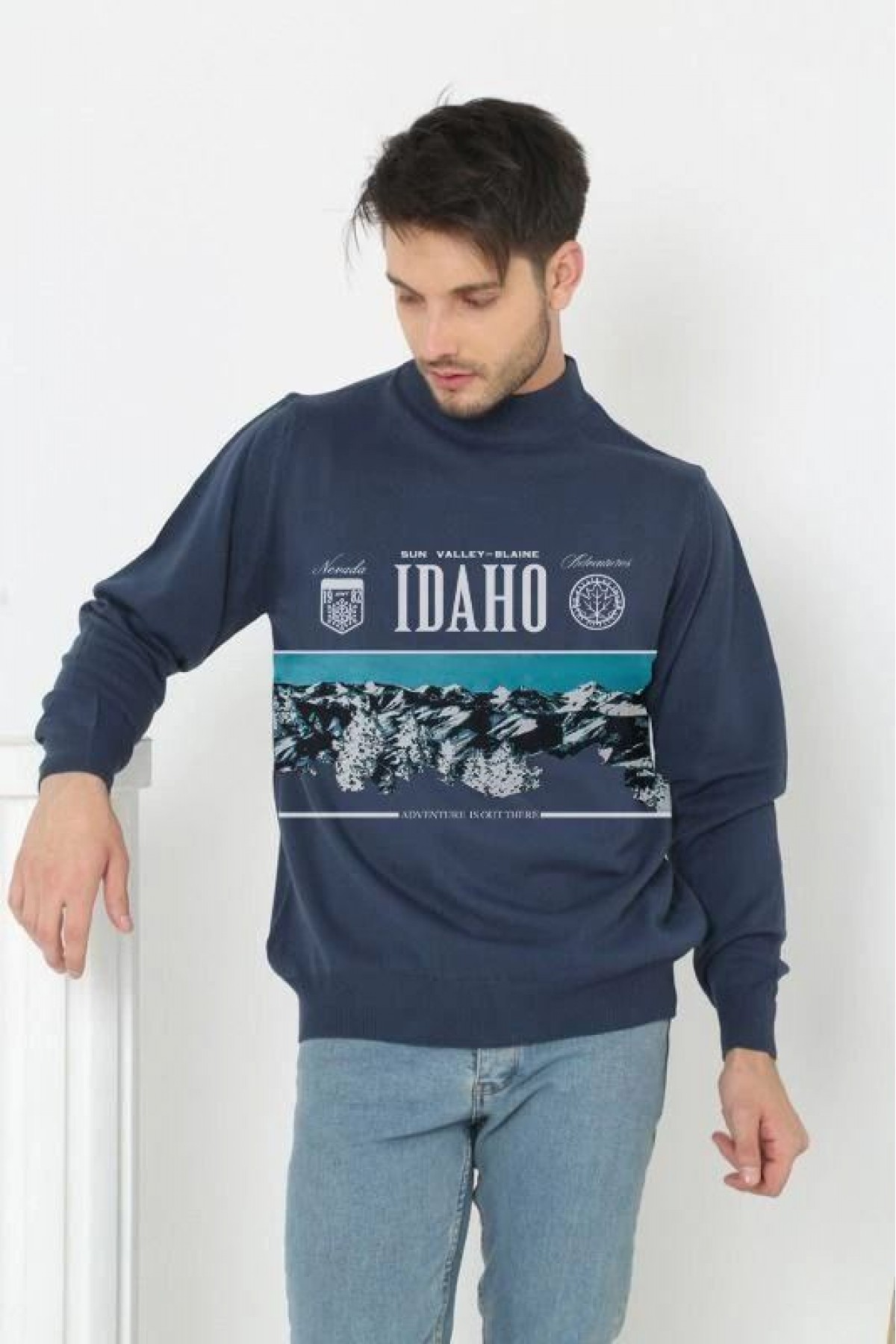 Erkek Yarım Bağazlı Kazak Baskılı Dokuma Triko - Indigo
