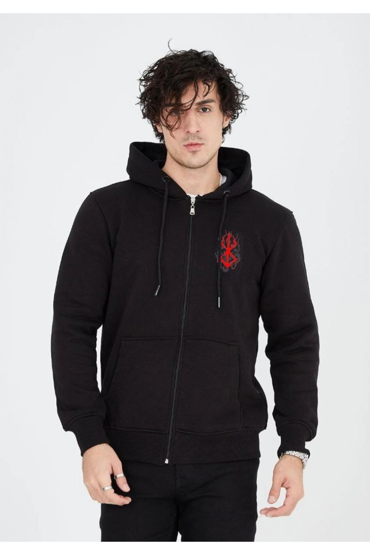 Erkek 3 İplik Pamuklu Kapüşonlu Tam Fermuarlı Cepli Hoodie Sweatshirt - Siyah
