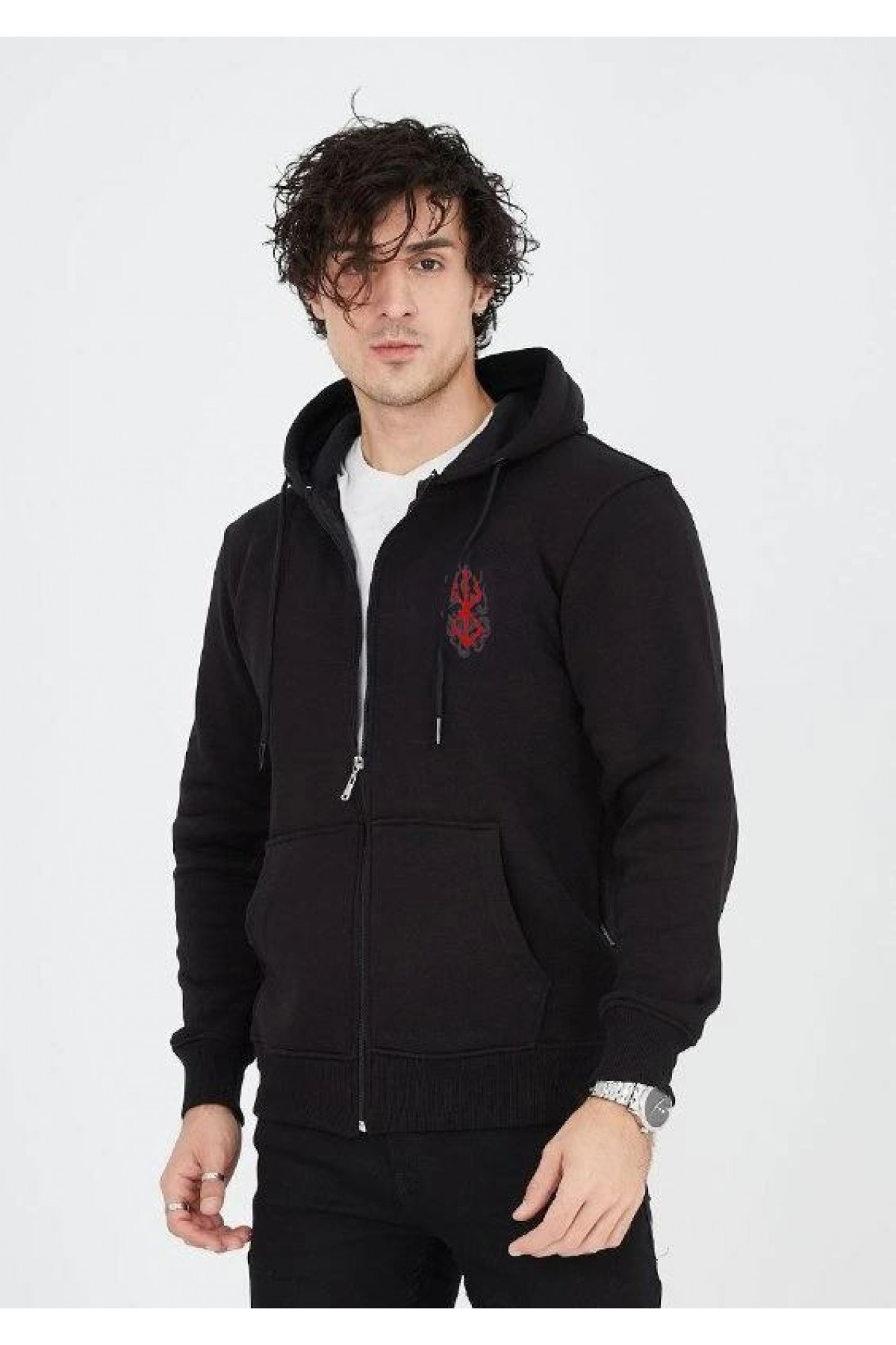 Erkek 3 İplik Pamuklu Kapüşonlu Tam Fermuarlı Cepli Hoodie Sweatshirt - Siyah