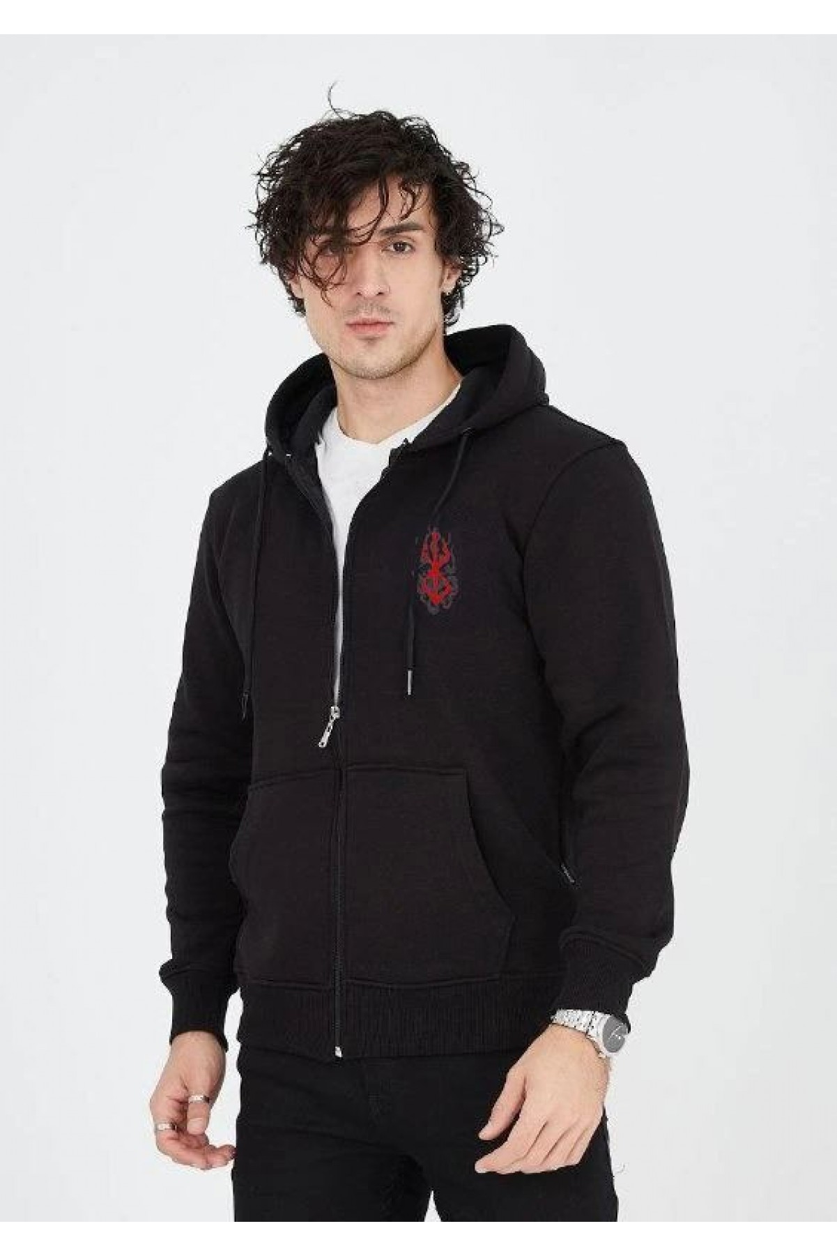 Erkek 3 İplik Pamuklu Kapüşonlu Tam Fermuarlı Cepli Hoodie Sweatshirt - Siyah