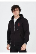 Erkek 3 İplik Pamuklu Kapüşonlu Tam Fermuarlı Cepli Hoodie Sweatshirt - Siyah