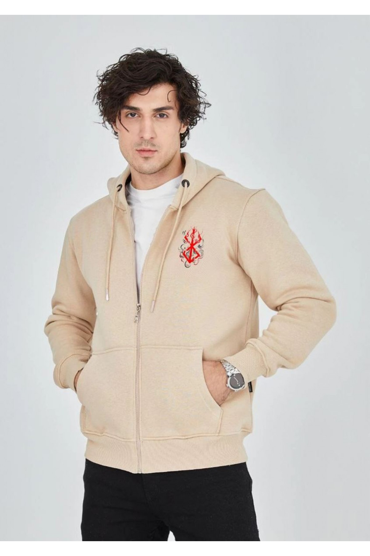 Erkek 3 İplik Pamuklu Kapüşonlu Tam Fermuarlı Cepli Hoodie Sweatshirt - Bej