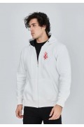 Erkek 3 İplik Pamuklu Kapüşonlu Tam Fermuarlı Cepli Hoodie Sweatshirt - Beyaz