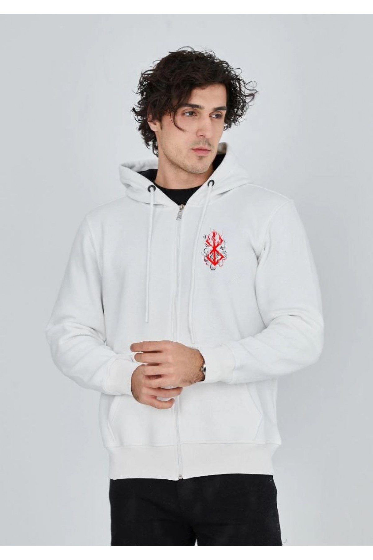 Erkek 3 İplik Pamuklu Kapüşonlu Tam Fermuarlı Cepli Hoodie Sweatshirt - Beyaz