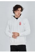 Erkek 3 İplik Pamuklu Kapüşonlu Tam Fermuarlı Cepli Hoodie Sweatshirt - Beyaz