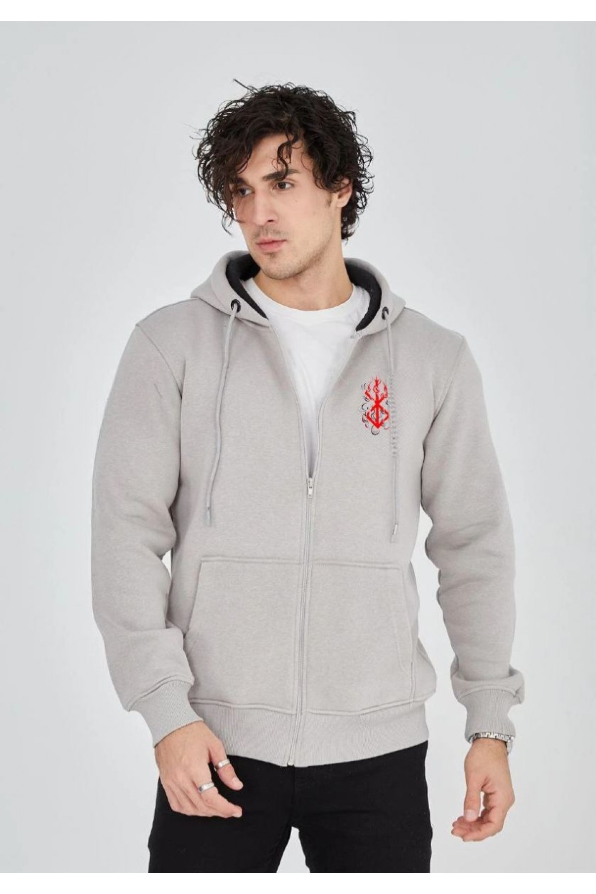 Erkek 3 İplik Pamuklu Kapüşonlu Tam Fermuarlı Cepli Hoodie Sweatshirt - Boyalı Gri
