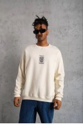ERKEK 3 İplik Pamuklu Bisiklet Yaka Baskılı Oversize Sweatshirt - Beyaz