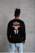 ERKEK 3 İplik Pamuklu Bisiklet Yaka Baskılı Oversize Sweatshirt - Siyah