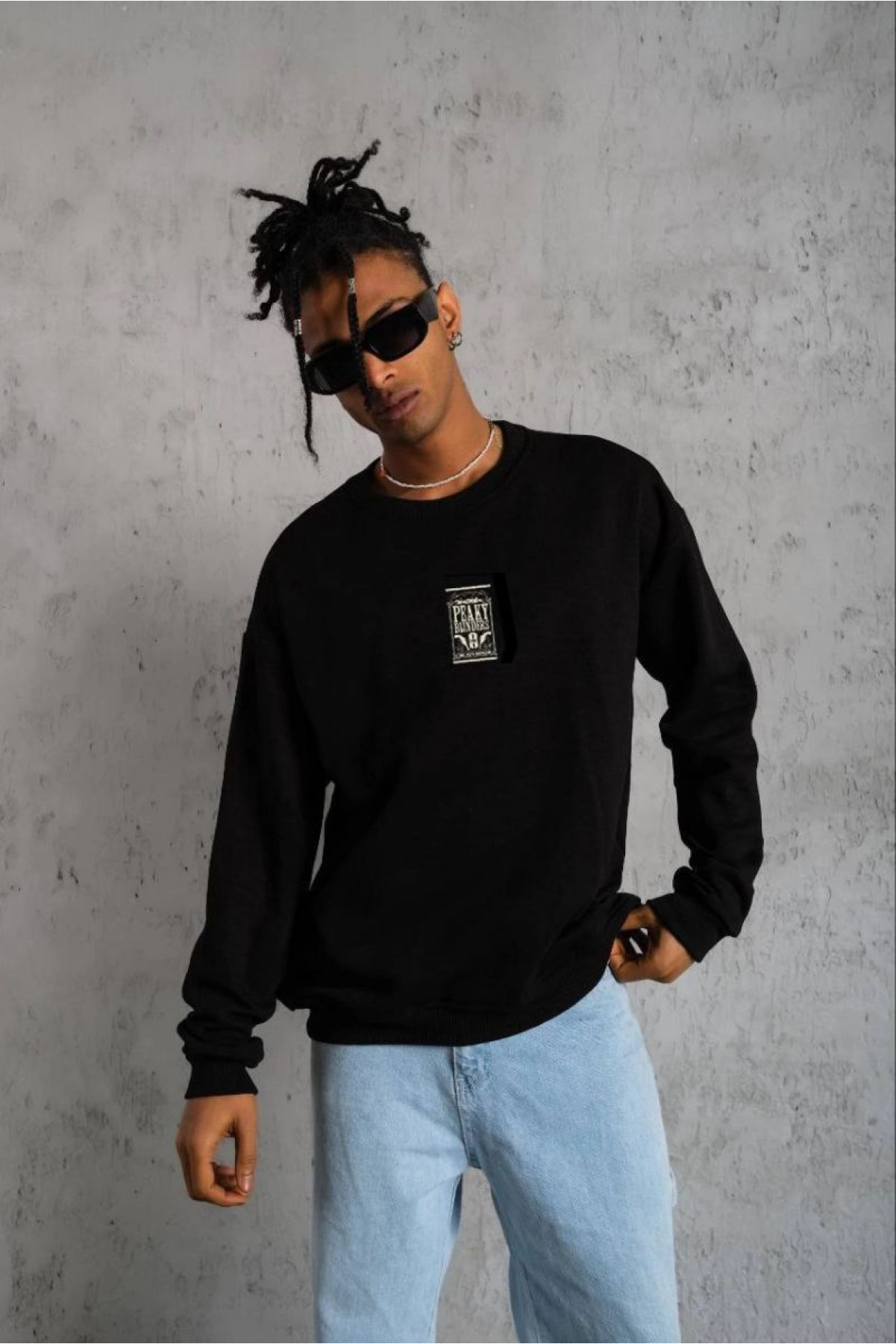 ERKEK 3 İplik Pamuklu Bisiklet Yaka Baskılı Oversize Sweatshirt - Siyah