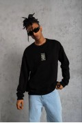 ERKEK 3 İplik Pamuklu Bisiklet Yaka Baskılı Oversize Sweatshirt - Siyah