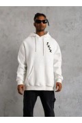 Erkek 3 İplik Pamuklu Kapüşonlu Baskılı Cepli Oversize Sweatshirt Hoodie - Beyaz