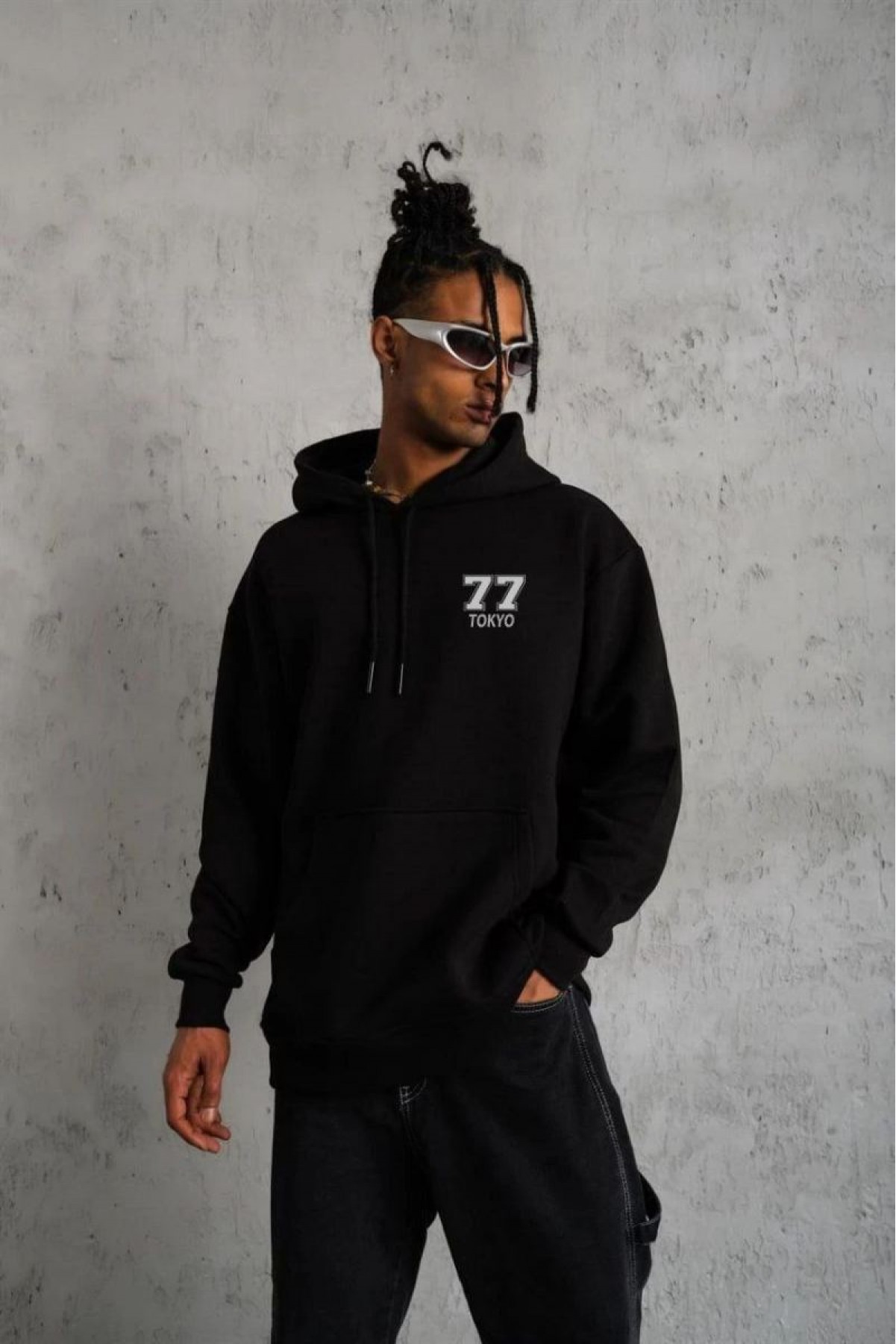 Erkek 3 İplik Pamuklu Kapüşonlu Baskılı Cepli Oversize Sweatshirt Hoodie - Siyah