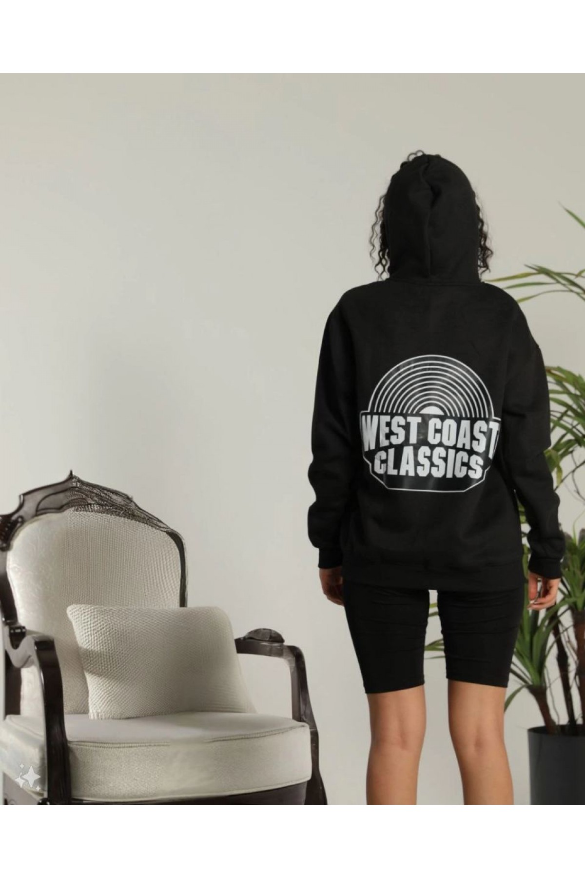 Kadın Oversize Kapüşonlu Cepli Baskılı 3 İplik Pamuklu Hoodie Sweatshirt - Siyah