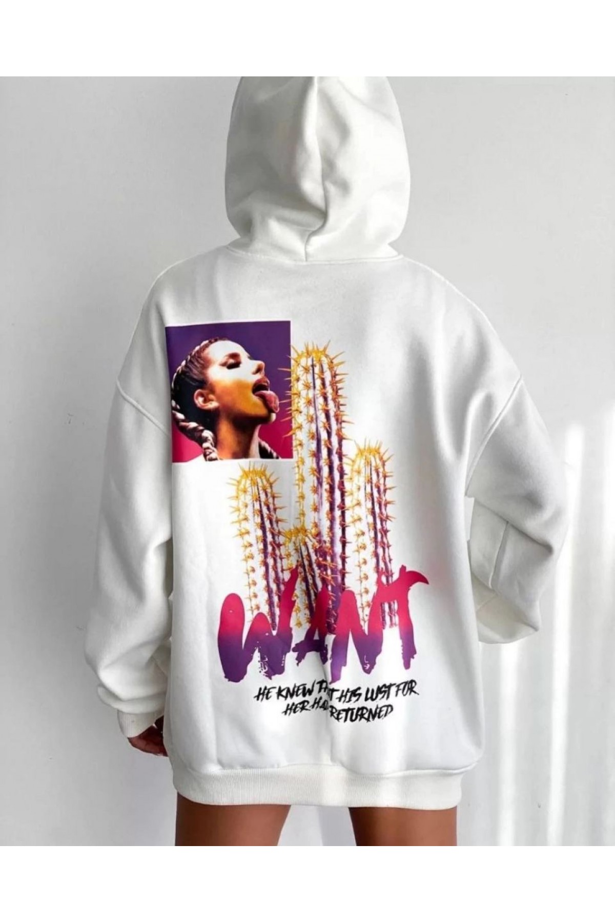 Kadın Oversize Kapüşonlu Cepli WANT Baskılı 3 İplik Pamuklu Hoodie Sweatshirt - Beyaz