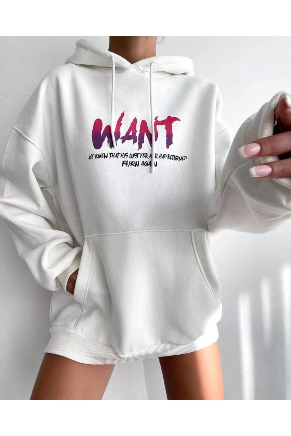 Kadın Oversize Kapüşonlu Cepli WANT Baskılı 3 İplik Pamuklu Hoodie Sweatshirt - Beyaz
