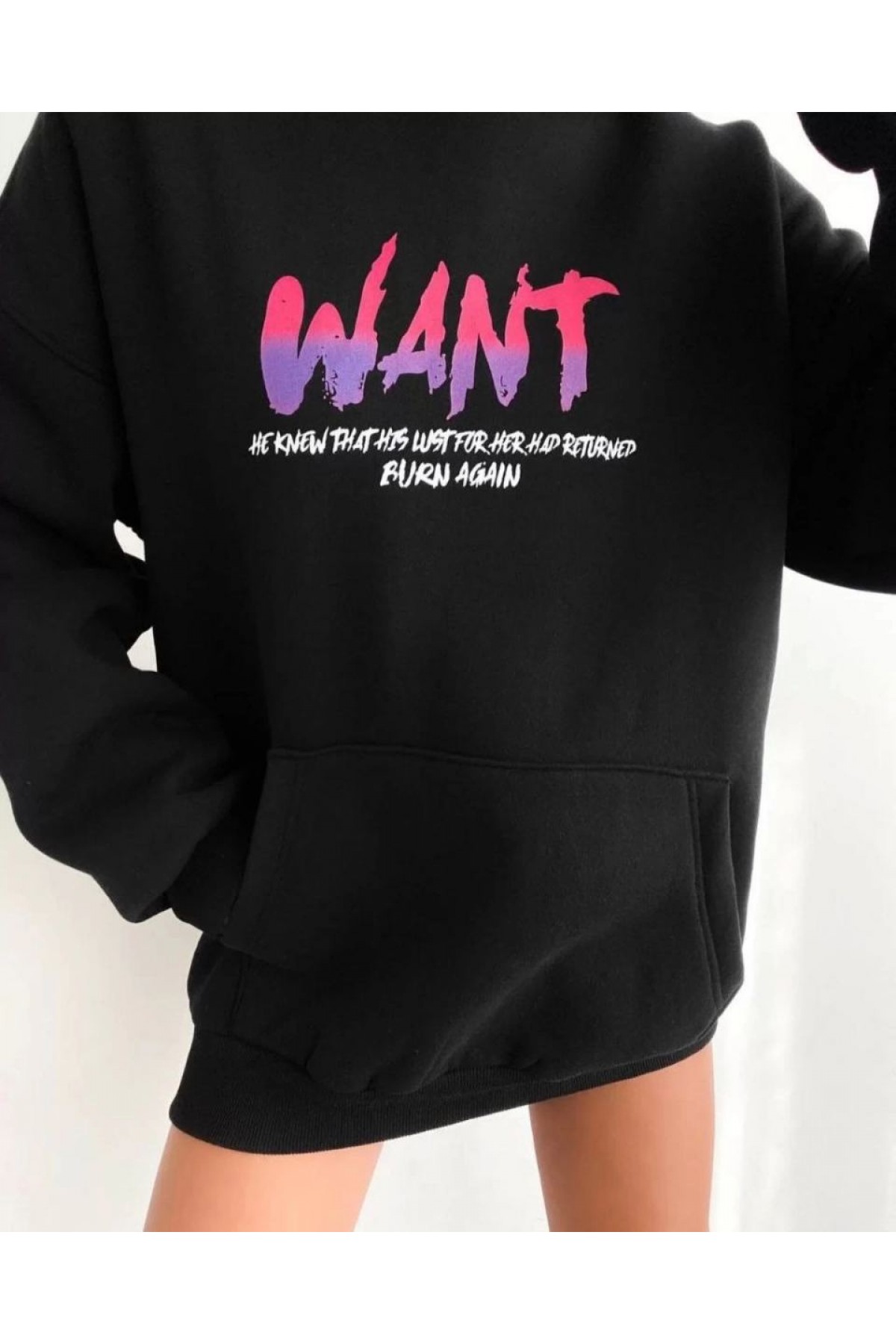 Kadın Oversize Kapüşonlu Cepli WANT Baskılı 3 İplik Pamuklu Hoodie Sweatshirt - Siyah