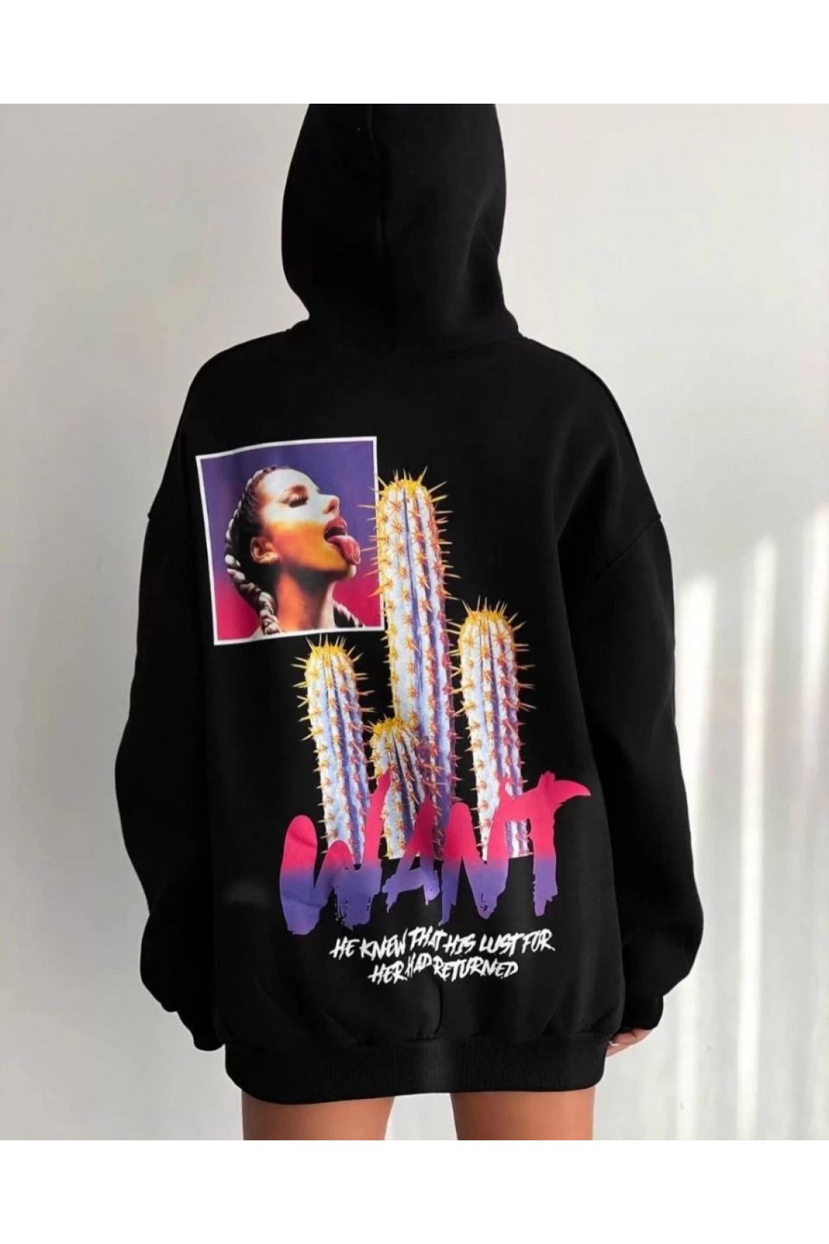 Kadın Oversize Kapüşonlu Cepli WANT Baskılı 3 İplik Pamuklu Hoodie Sweatshirt - Siyah