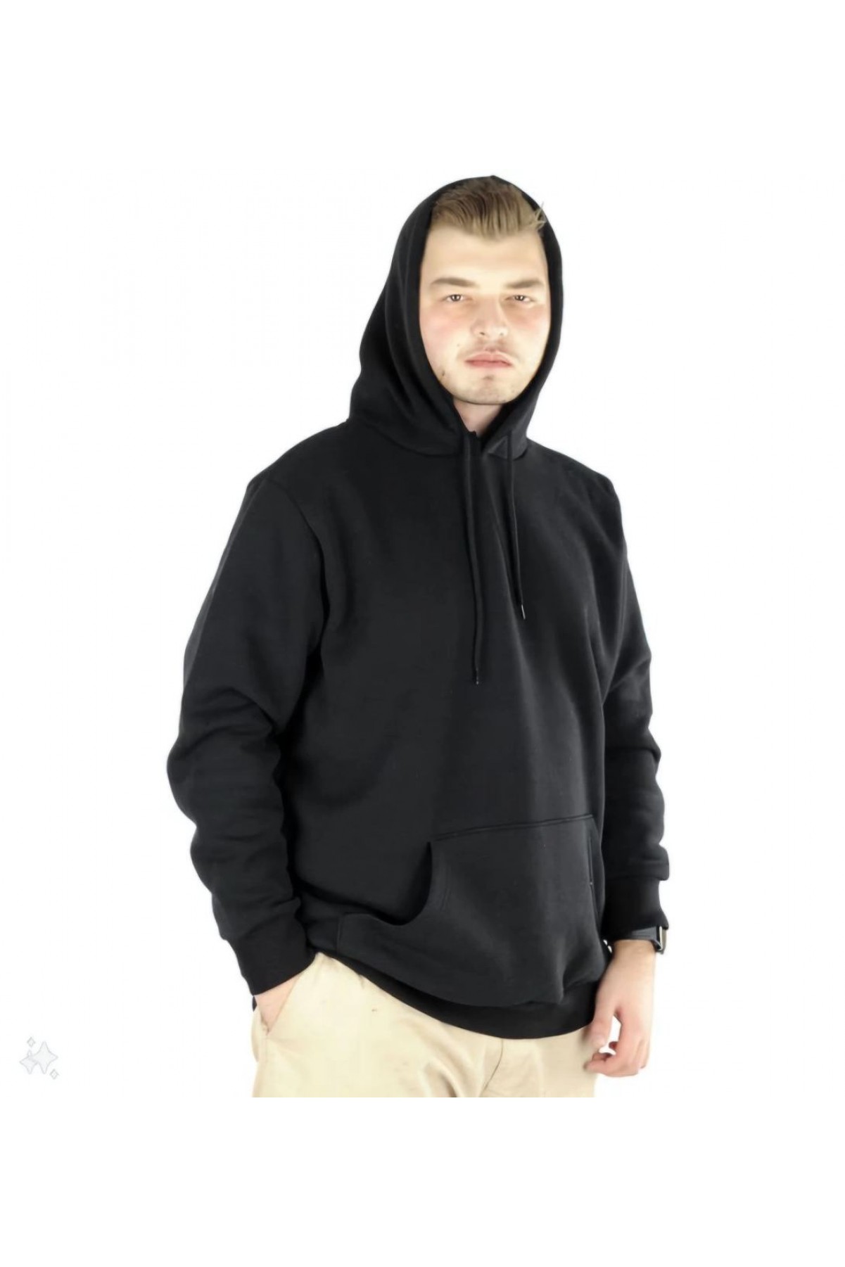 Erkek 3 İplik Pamuklu Kapüşonlu Cepli Oversize Hoodie Sweatshirt - Siyah