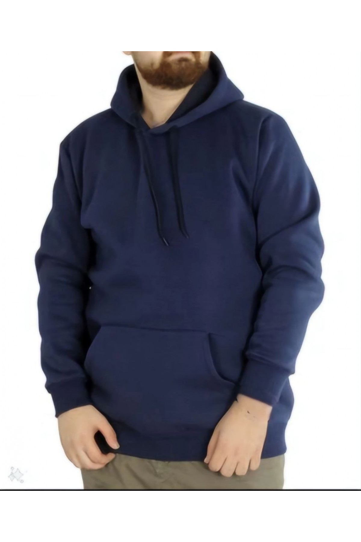 Erkek 3 İplik Pamuklu Kapüşonlu Cepli Oversize Hoodie Sweatshirt - Lacivert