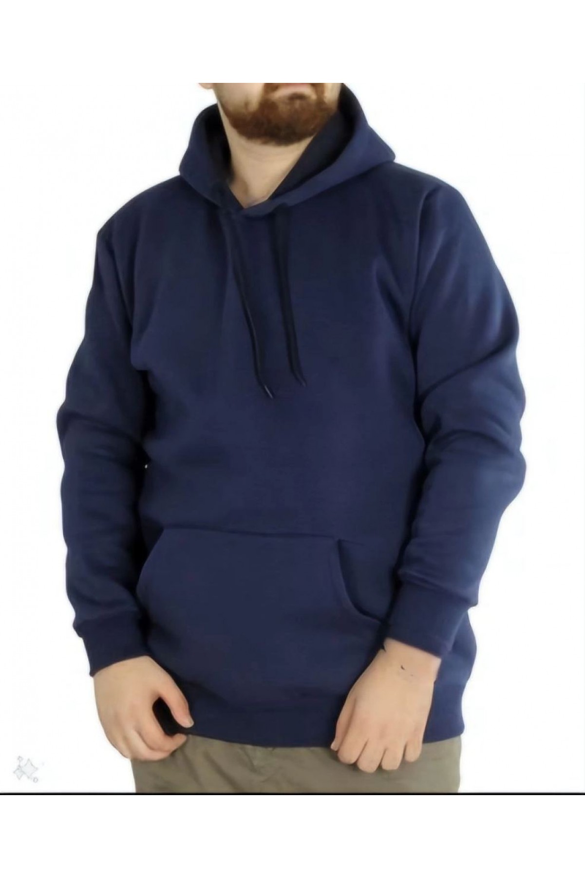 Erkek 3 İplik Pamuklu Kapüşonlu Cepli Oversize Hoodie Sweatshirt - Lacivert