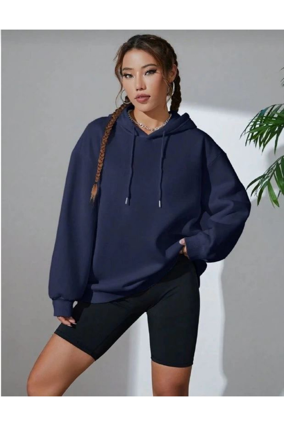Kadın Kapüşonlu Kanguru Cepli 3 İplik Pamuklu Oversize Hoodie Sweatshirt - Lacivert