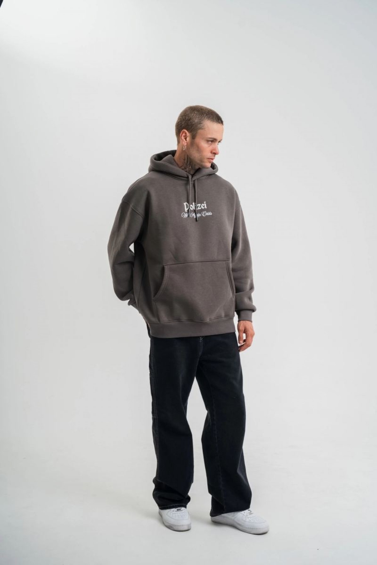 Erkek 3 İplik Kapüşonlu Hoodie Dijital Patchli SweatShirt - Füme