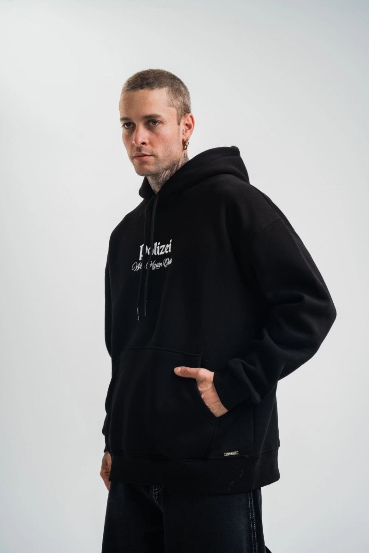 Erkek 3 İplik Pamuklu Kapüşonlu Baskılı Cepli Oversize Sweatshirt Hoodie - Siyah