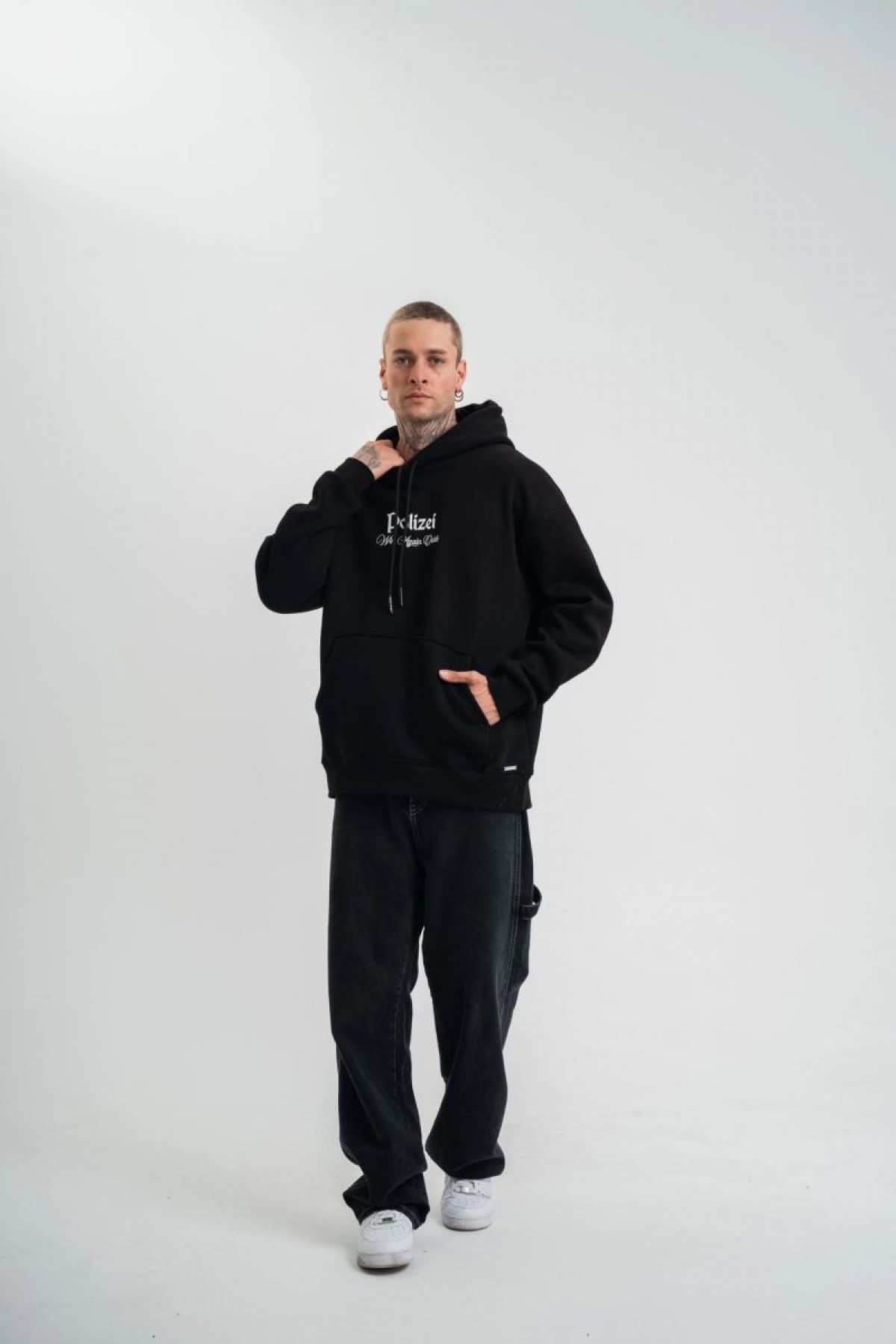 Erkek 3 İplik Pamuklu Kapüşonlu Baskılı Cepli Oversize Sweatshirt Hoodie - Siyah