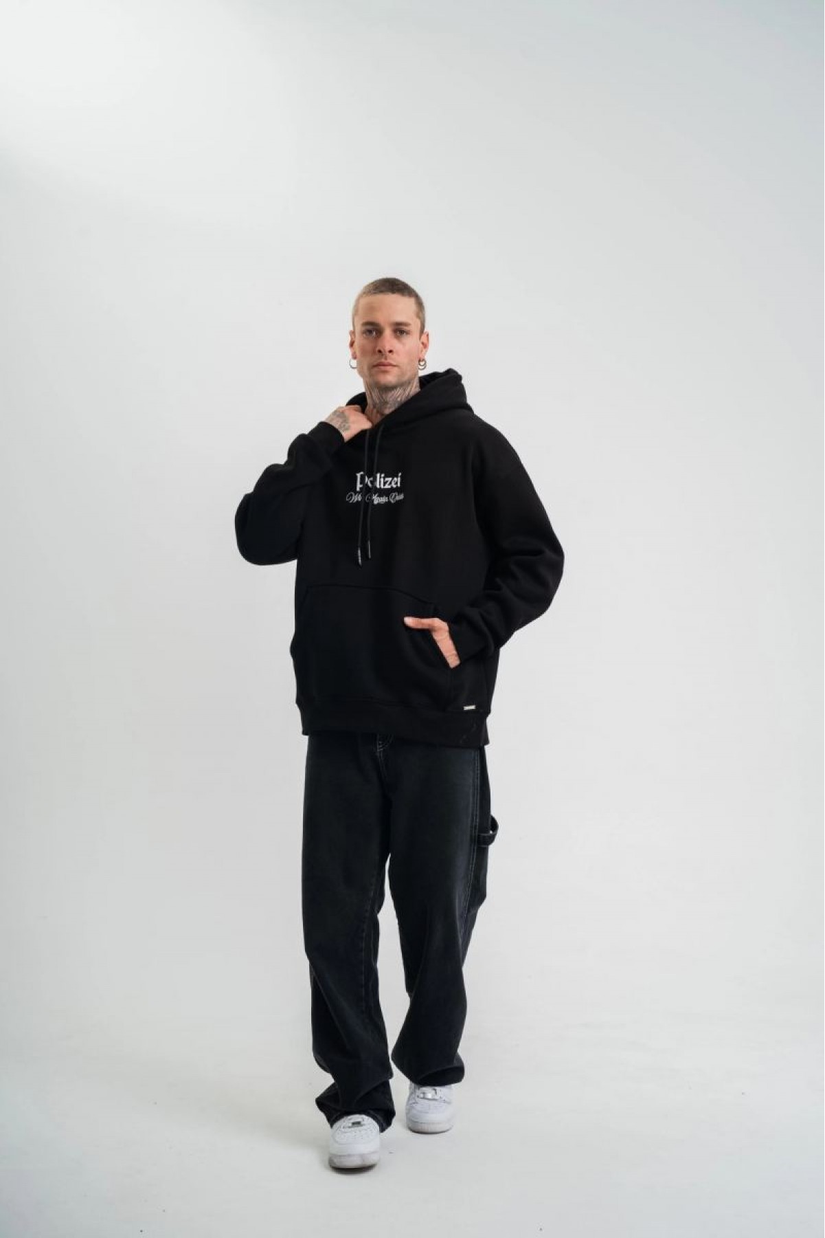 Erkek 3 İplik Pamuklu Kapüşonlu Baskılı Cepli Oversize Sweatshirt Hoodie - Siyah