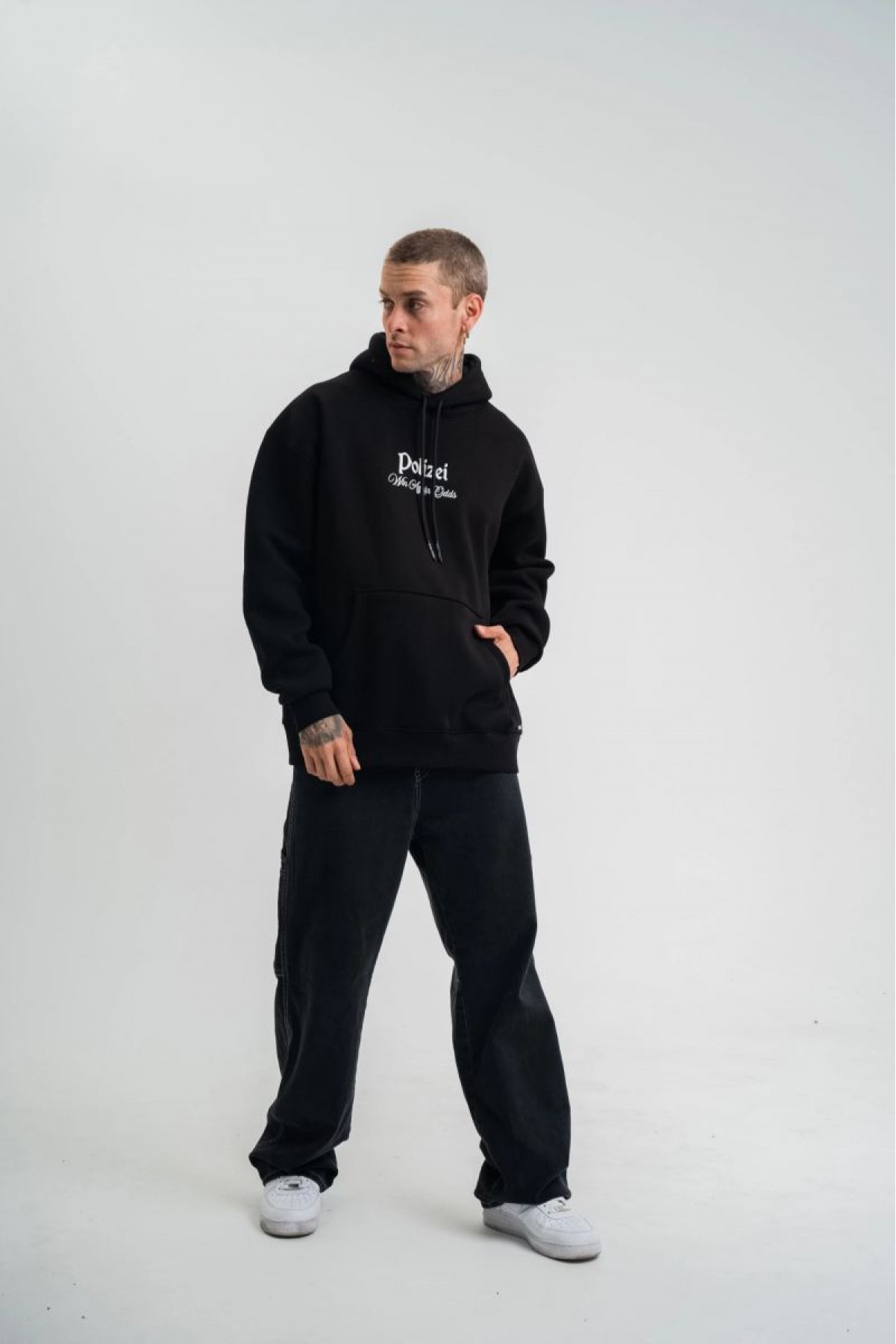 Erkek 3 İplik Pamuklu Kapüşonlu Baskılı Cepli Oversize Sweatshirt Hoodie - Siyah