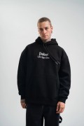 Erkek 3 İplik Pamuklu Kapüşonlu Baskılı Cepli Oversize Sweatshirt Hoodie - Siyah