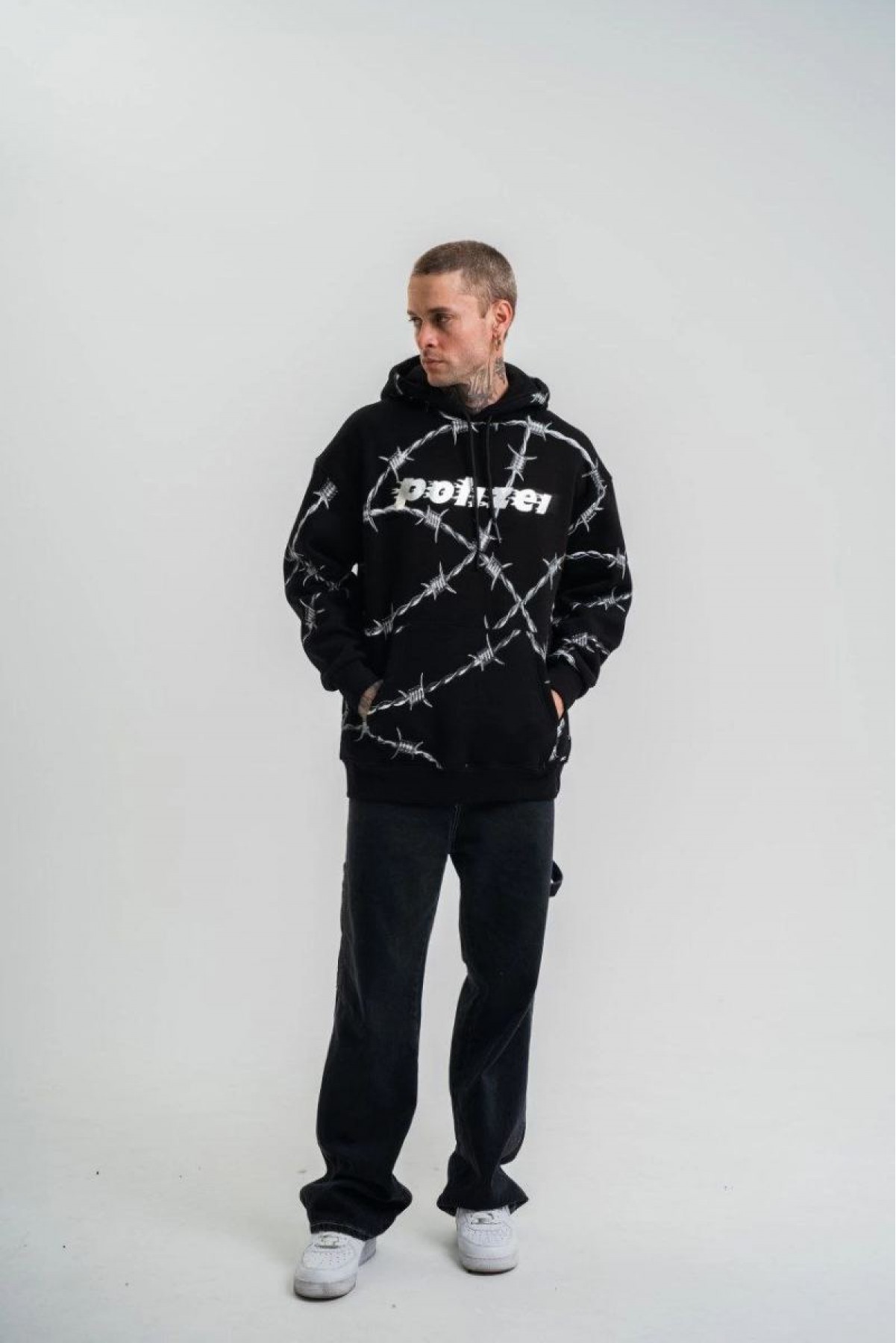 ERKEK Kapüşonlu Varak ve Pano Baskılı Hoodie  SweatShirt- Siyah