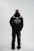 Erkek 3 İplik Pamuklu Kapüşonlu Baskılı Cepli Oversize Sweatshirt Hoodie - Siyah