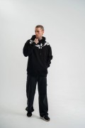 Erkek 3 İplik Pamuklu Kapüşonlu Baskılı Cepli Oversize Sweatshirt Hoodie - Siyah