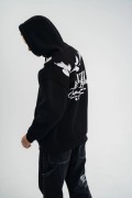 Erkek 3 İplik Pamuklu Kapüşonlu Baskılı Cepli Oversize Sweatshirt Hoodie - Siyah
