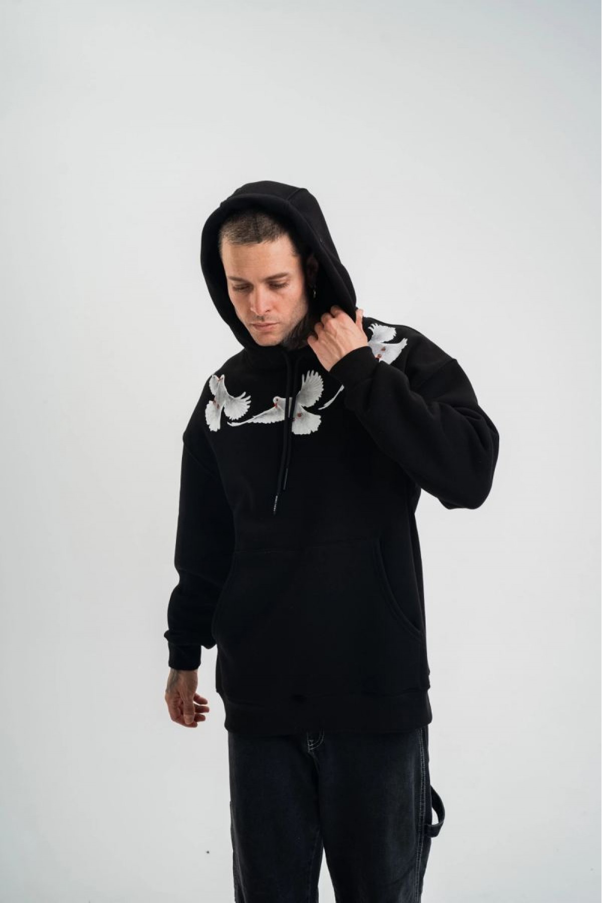 Erkek 3 İplik Pamuklu Kapüşonlu Baskılı Cepli Oversize Sweatshirt Hoodie - Siyah