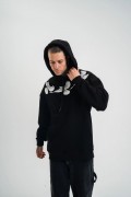 Erkek 3 İplik Pamuklu Kapüşonlu Baskılı Cepli Oversize Sweatshirt Hoodie - Siyah