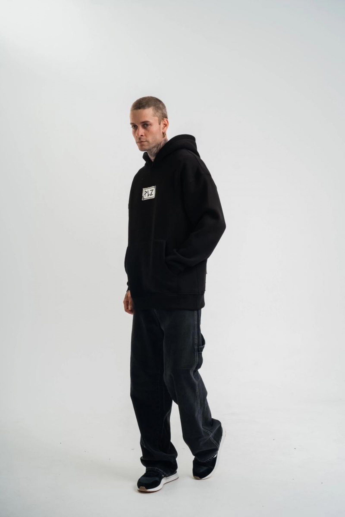 ERKEK 3 İplik Pamuklu Kapüşonlu Patchli Nakışlı Hoodie SweatShirt - Siyah